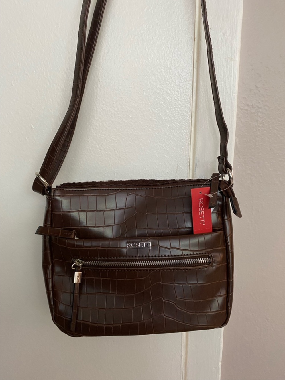 Rosetti Dark Brown Croc-Embossed Crossbody Bag